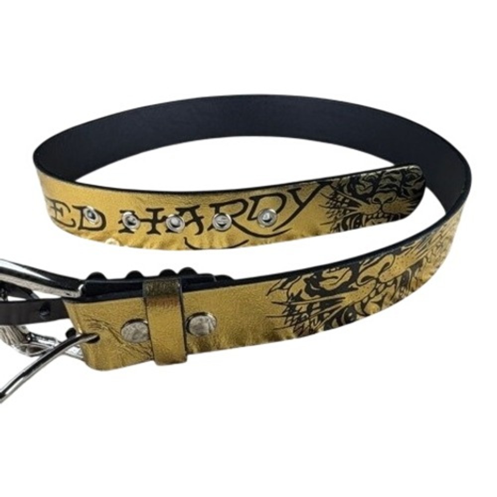 Ed Hardy Belt 32 Gold Metallic Tattoo Graphic Tiger Skull Rhinestone Buckle Y2K